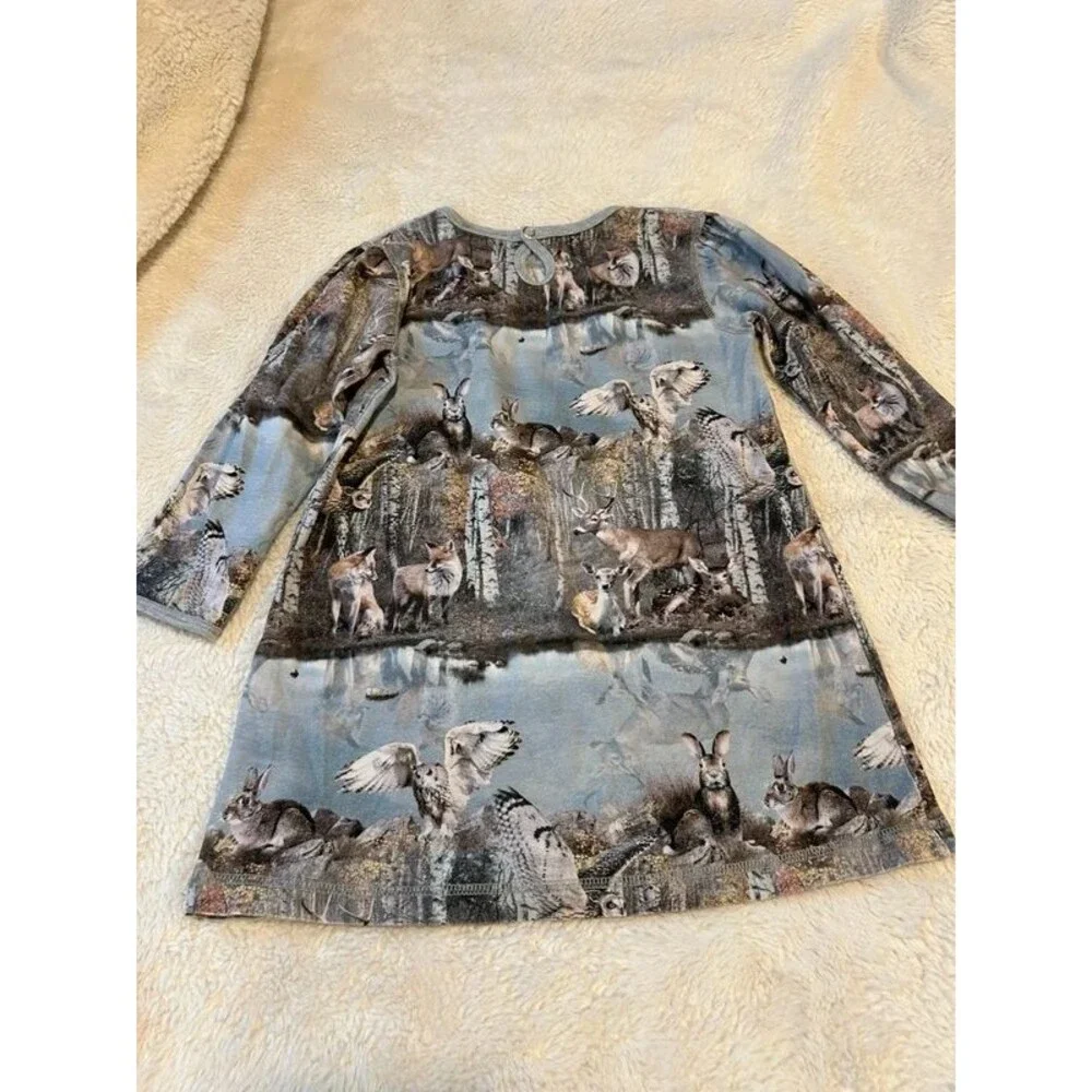 Molo Caras Brand Girls 2T Grey Blue Forest Lake Print Long Sleeve Dress